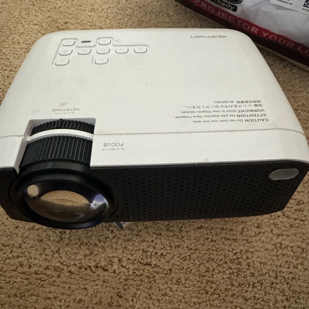 White and Black Optoma Projector and 120 inch screen